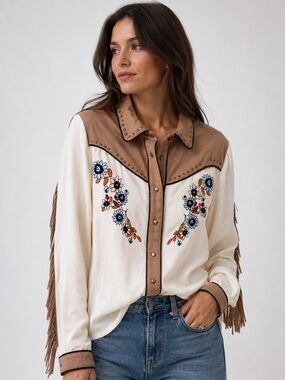 John Moon Texas Cream & Tan Embroidered Western Button-Down Shirt Cowgirl Boho L
